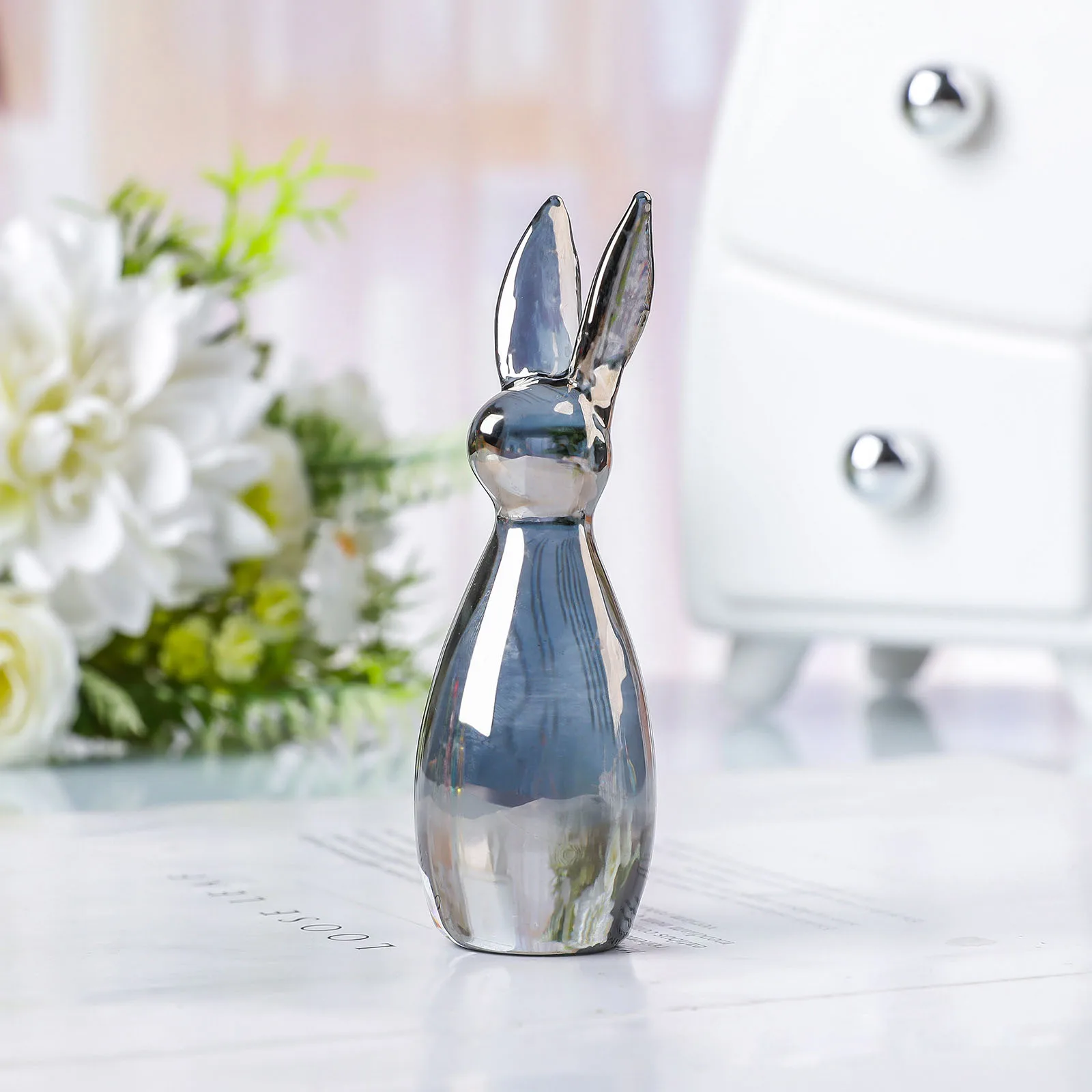 Crystal Long-Eared Rabbit Statues Animal Figurines Nordic Style Collectible Sculpture Creative Home Art Decoration Centerpiece