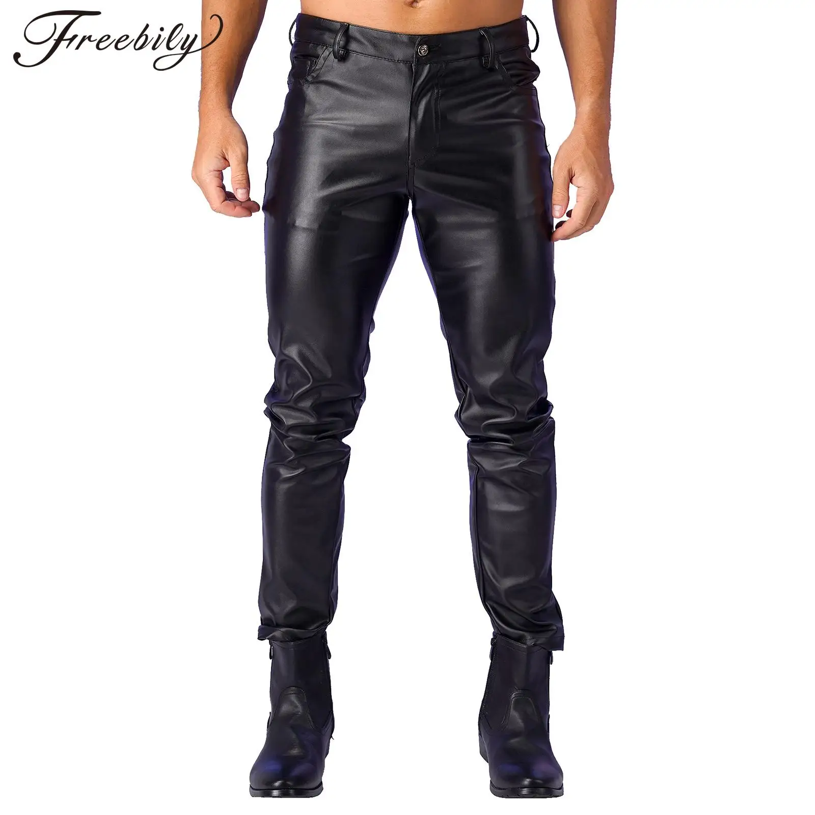 

Mens Fashion PU Leather Skinny Pants Gothic Stretchy Slim Fit Trouser for Halloween Party Club Pole Dancing Motorcycle Clubwear