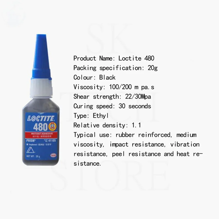 Imagem -02 - Loctite 20g 480 Esparadrapo Seco Instantâneo Baixa Viscosidade Borracha Preta Resistência à Dureza Adesivo Instantâneo Peças