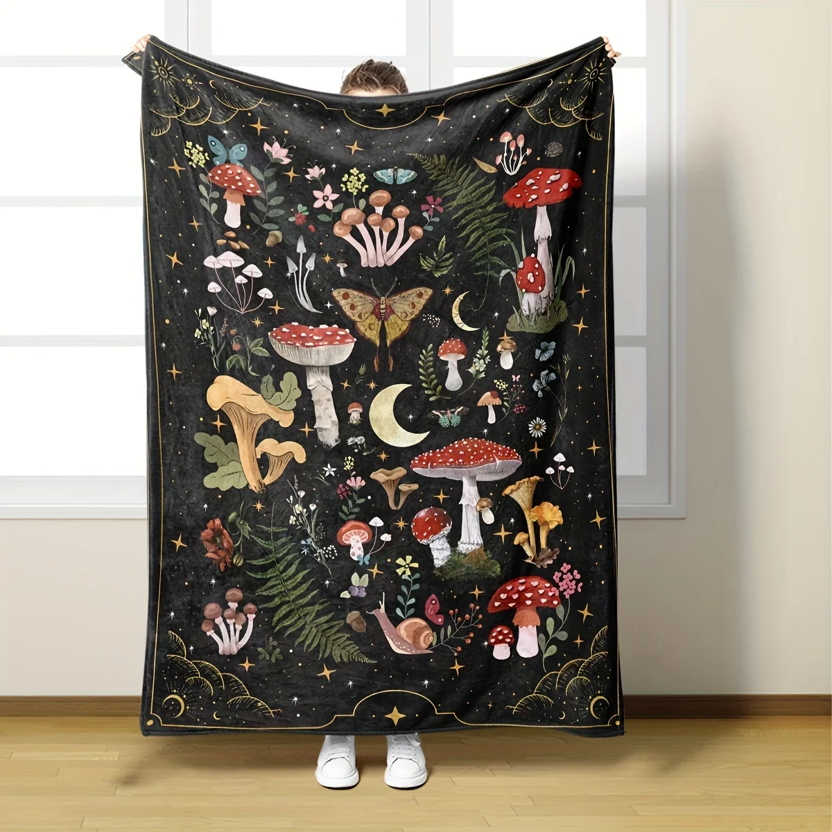 1pc Cute Mushroom Decorative Flannel Blanket Soft Comfortable Warm Moth Gothic Witch Gift Blanket Christmas Home Sofa Bed Sofa