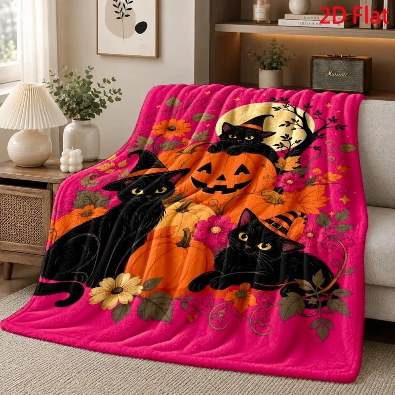 Pink Background Black Cat Pumpkin Print Throw Blanket, Soft Halloween Themed Throw for Sofa Bedroom Decor