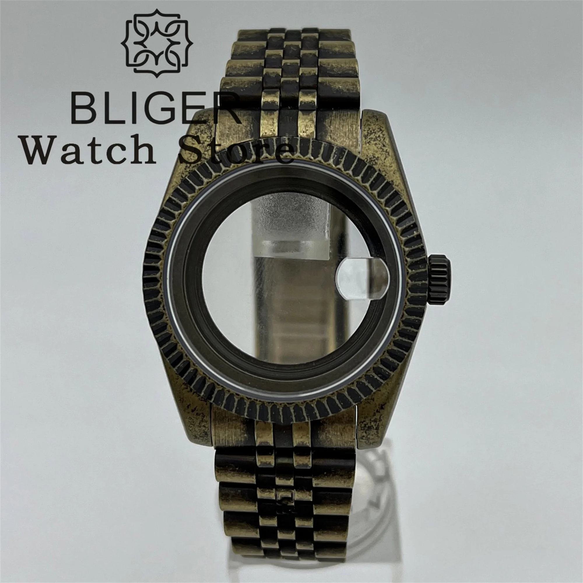 

BLIGER 39mm Bronze Brushed Watch Case With Bracelet Fluetd Bezel Sapphire Fit NH34 NH35 NH36 ETA2824 PT5000 Movement Screw Crown