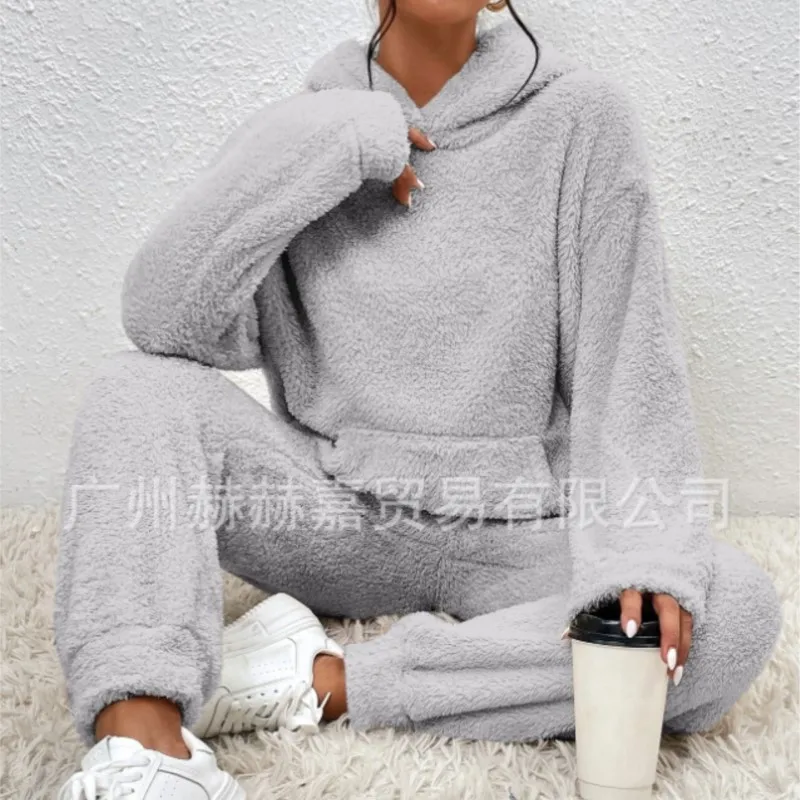 

Autumn And Winter Women's Fashionable Fleece Hooded Long Sleeved Pocket Casual Pants Solid Color 2-piece Set For Home Warmth