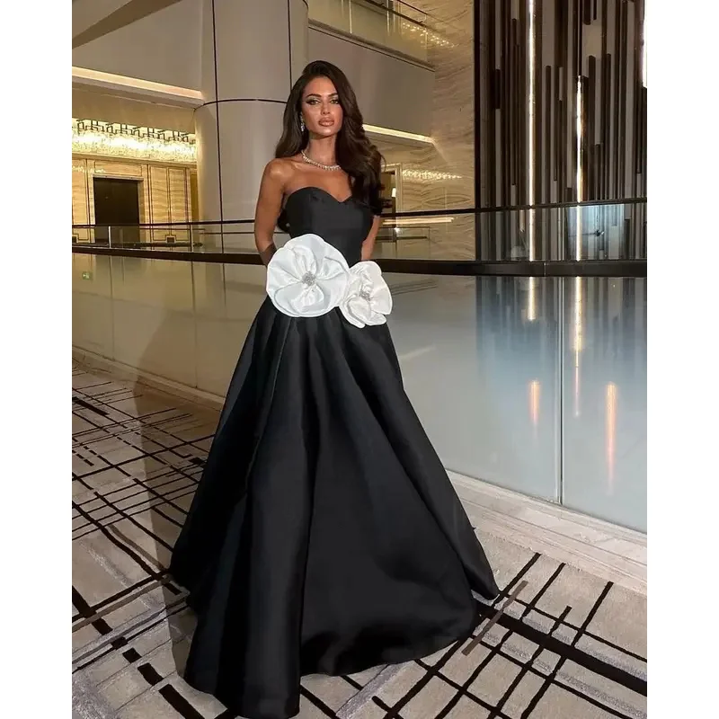 

Fimora customized Black Satin Prom Gown Sweetheart Art Flowers Sleepveless Floor Length Evening Gowns Party Dress Saudi Arabia