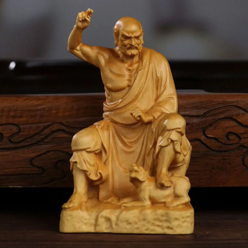 XS773- 10 CM Buddhist Saint Catch Tiger Boxwood Sculpture Buddha Figurine Lucky Feng Shui Statue Collection Ornaments