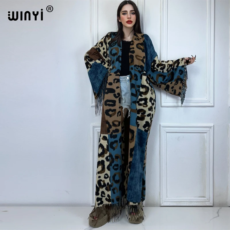 WINYI Leopard print tassel winter long cardigan African women winter kimono OverCoat abaya dubai luxury Open Front party dress