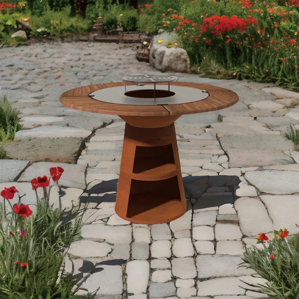 Kingjoy Corten Steel Brasero Barbecue BBQ Grill With Wood Table