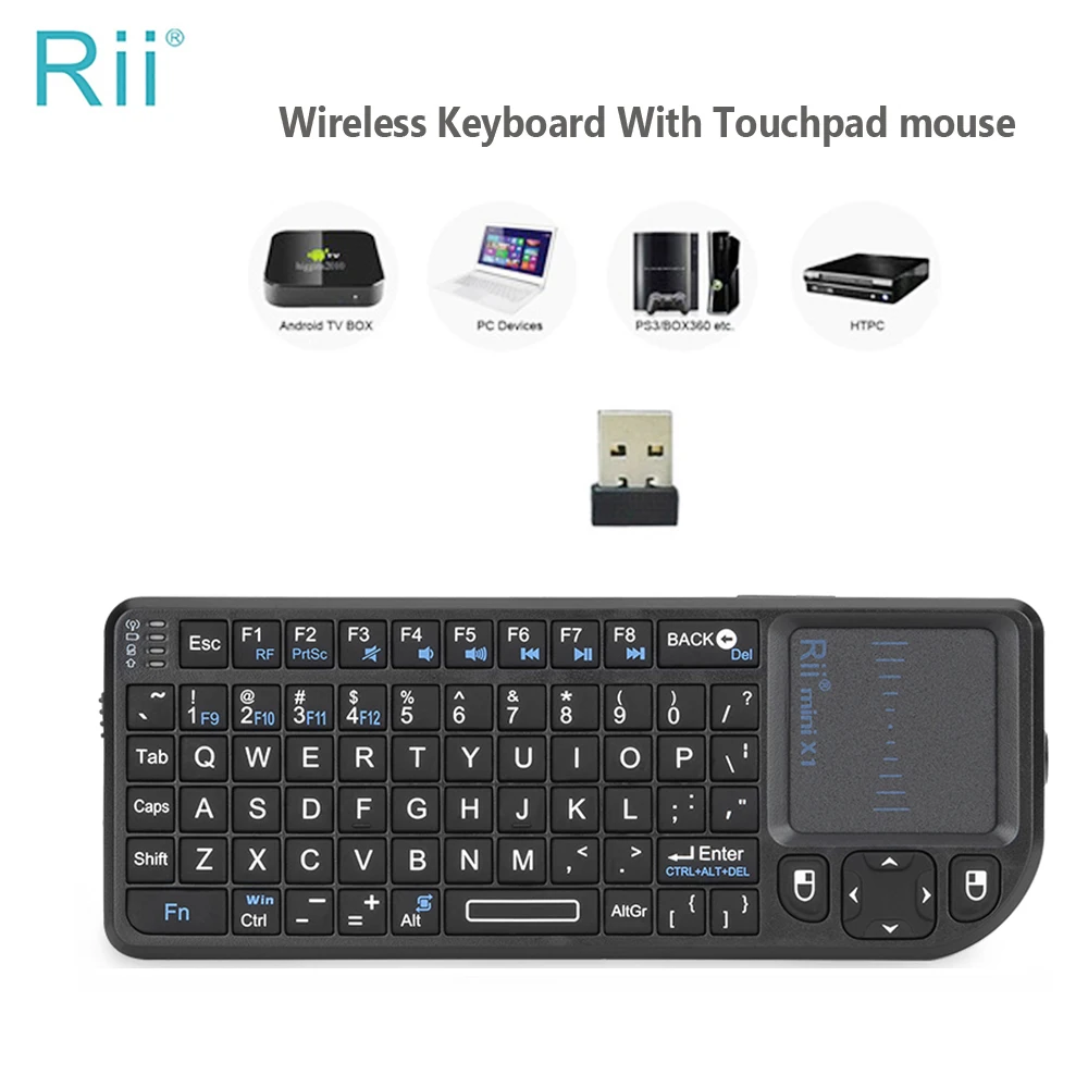 Rii X1 Mini klawiatura bezprzewodowa 2,4 GHz Klawiatury angielskie/ES/FR z panelem dotykowym dla Android TV Box/PC/Laptop