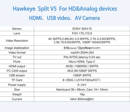Imagen 2 del producto Hawkeye Split V5 4K 30FPS salida HDMI salida AV Sensor Sony UVC EIS DVR cámara Gyroflow para dispositivos HD/analógicos