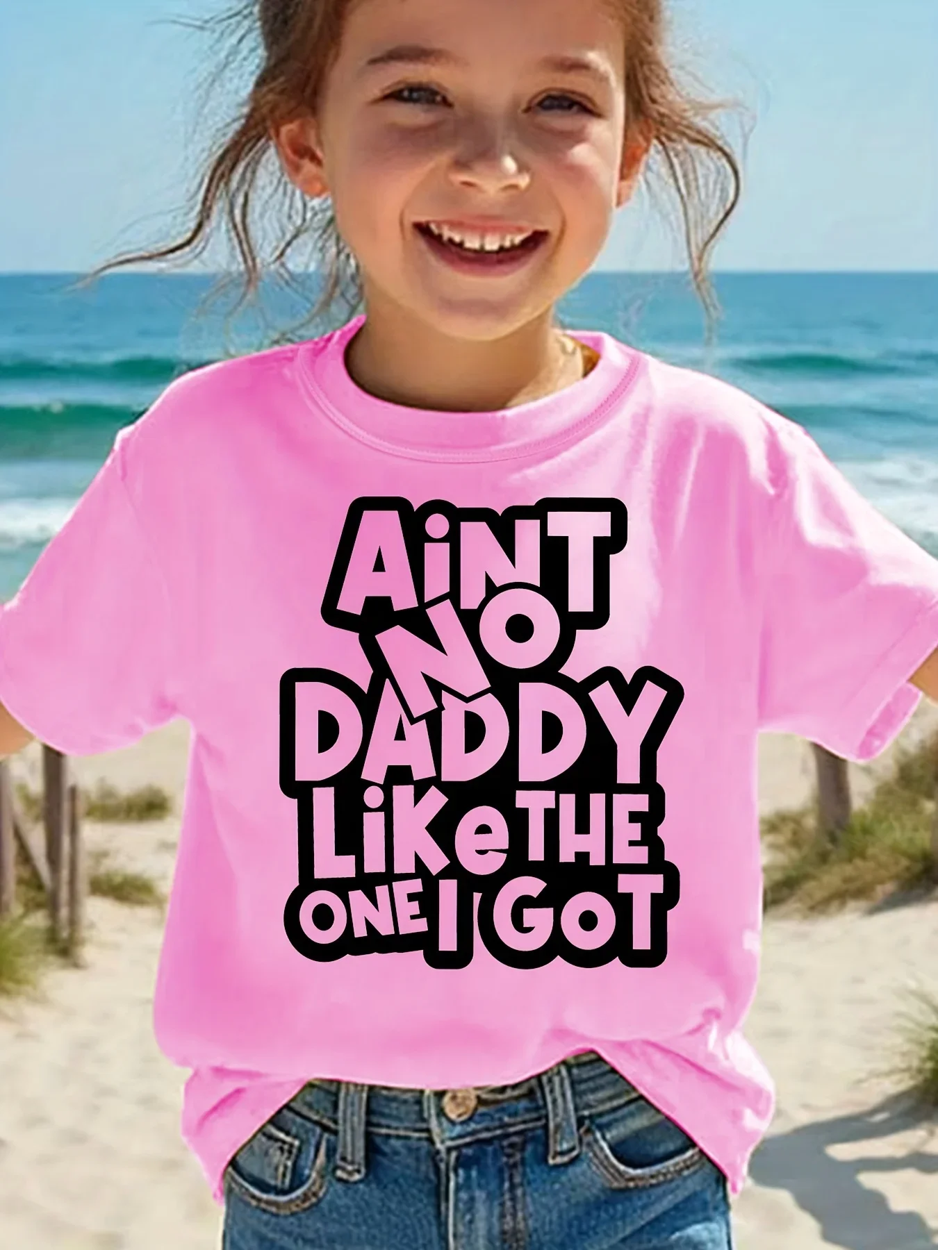 Aint No Daddy Like The One I Got Letter Graphic Print Kids Short Sleeve Tee Fathers Day Crew Neck Casual Children Top