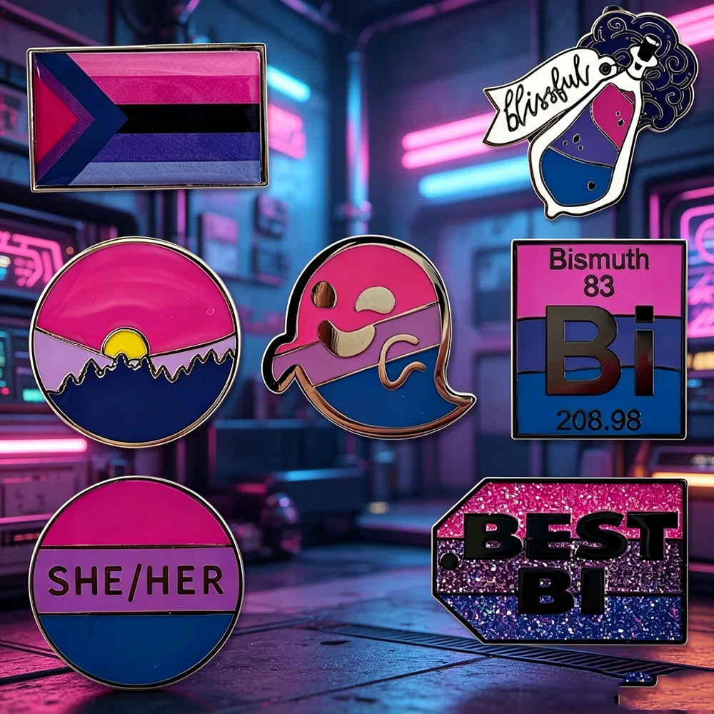 Bisexual Pride Enamel Pins Funny Bismuth Bi Element Brooch Cute Ghost Potion Badge Best Bi She/Her Pride Flag Lapel Pins for Bac