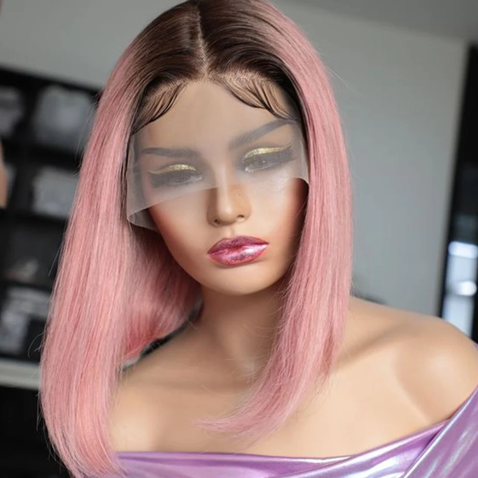 オンブレピンクショートボブウィッグストレートレースフロント人毛ウィッグ女性用ショートボブ透明装着簡単ペルー産人毛レースウィッグ