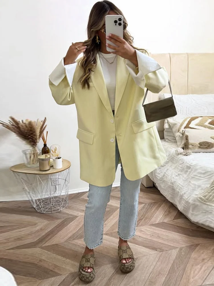 Elegant Women's Blazer Coat Long Sleeve Flap Pockets Shoulder Pad Single Breasted Jacket 2025 Autumn Office Lady Outwear