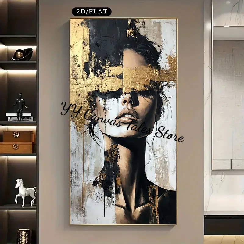 1pc frameless Canvas Painting 1pc2D Flat Frameless Canvas Extra Large Modern Abstract Female Face Canvas Art- Black and White Go