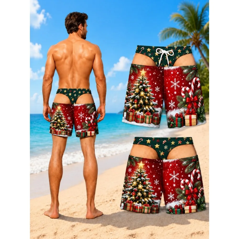 Funny 3D Print Xmas Candy Cane Snowflake Fake Hollow Out Visual Illusion Mens Holiday Party Swim Shorts