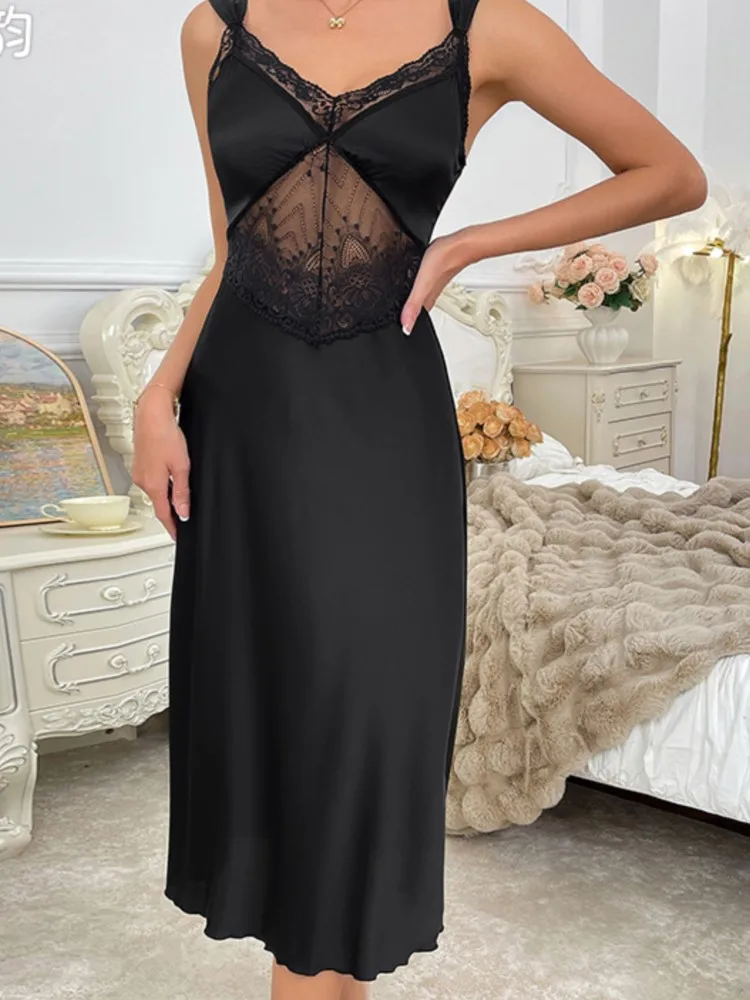 

NEW French Dress Solid Color See Through Lace Elegant Dresses For Woman Sexy Pajamas Vestidos Homewear Lace Spaghetti Strap