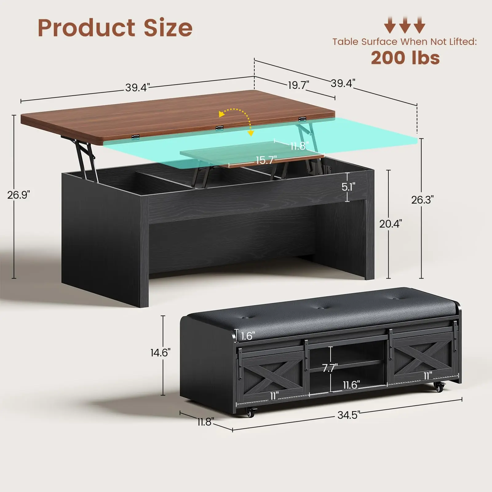 Lift Top Coffee Table with Storage Bench, Farmhouse Convertible Coffee Table to Dining Table for 4-8, 4 Modes with