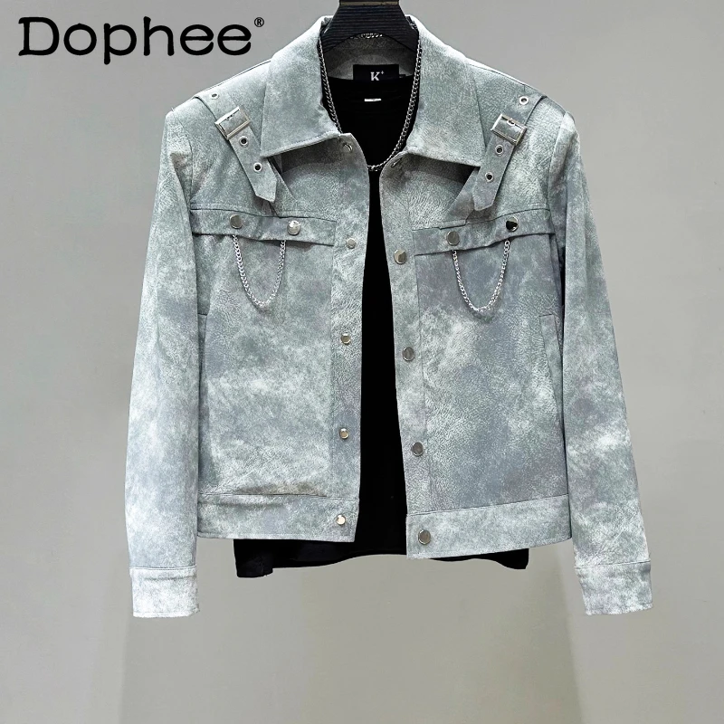 

Men's Trendy Long Sleeve PU Leather Jackets 2025 Autumn New Stylish Coats Fashion Padded Shoulder Short Style Faux Leather Coats