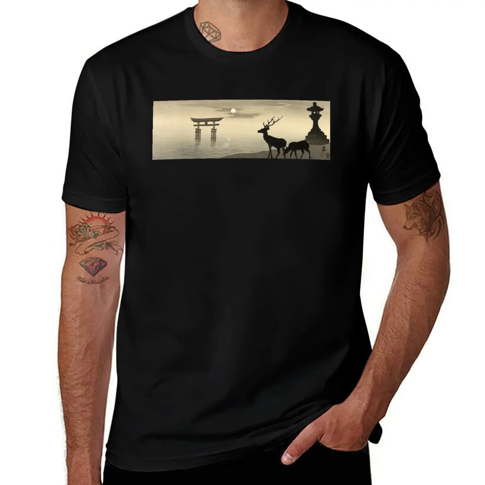 Torii, Lantern and Deer by Ohara Koson T-Shirt Anti-Fade Casual Tee Shirt T-Shirt
