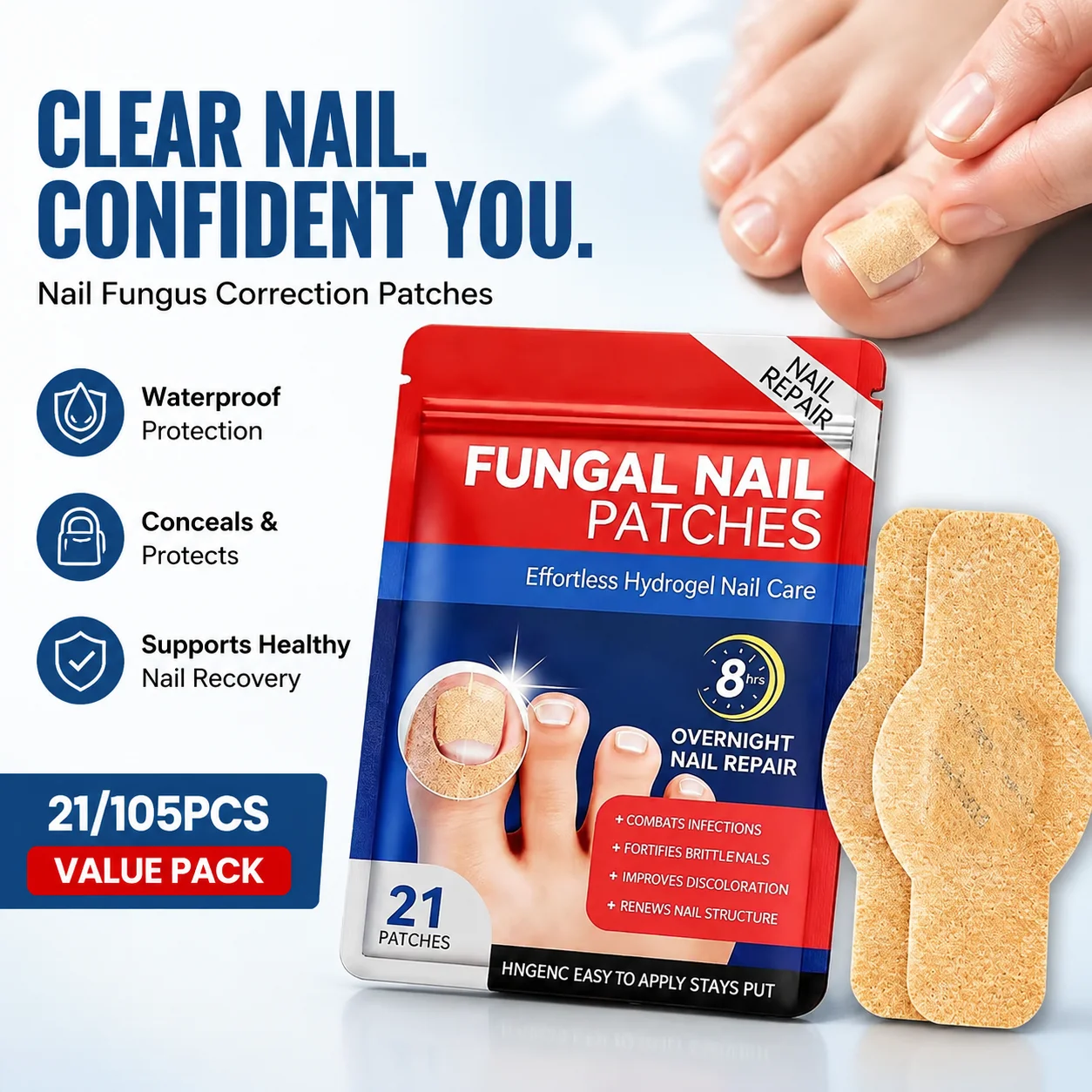 Nail Fungus Correction Patch Waterproof Finger Guard Bandage for Hollow Discolored Nails, Cloth Disguise Patch 21 Pieces