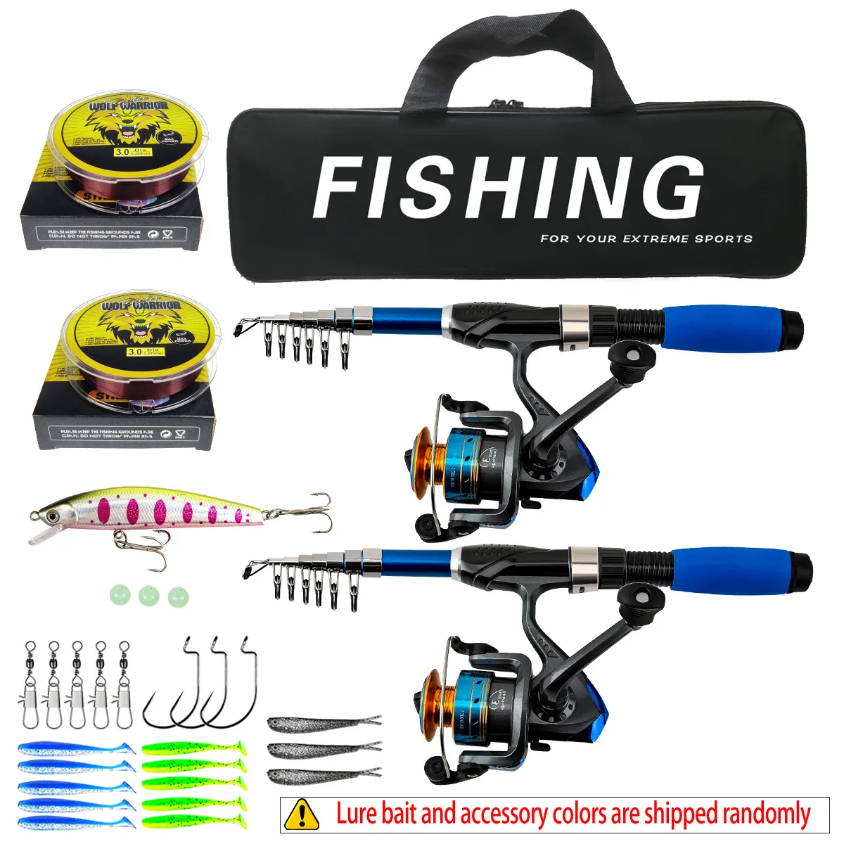Fiberglass Telescopic Dual Lure Rod Combo Kit Spinning Fishing Rod For Saltwater Freshwater Sea Shore Angling Full Tackle Set