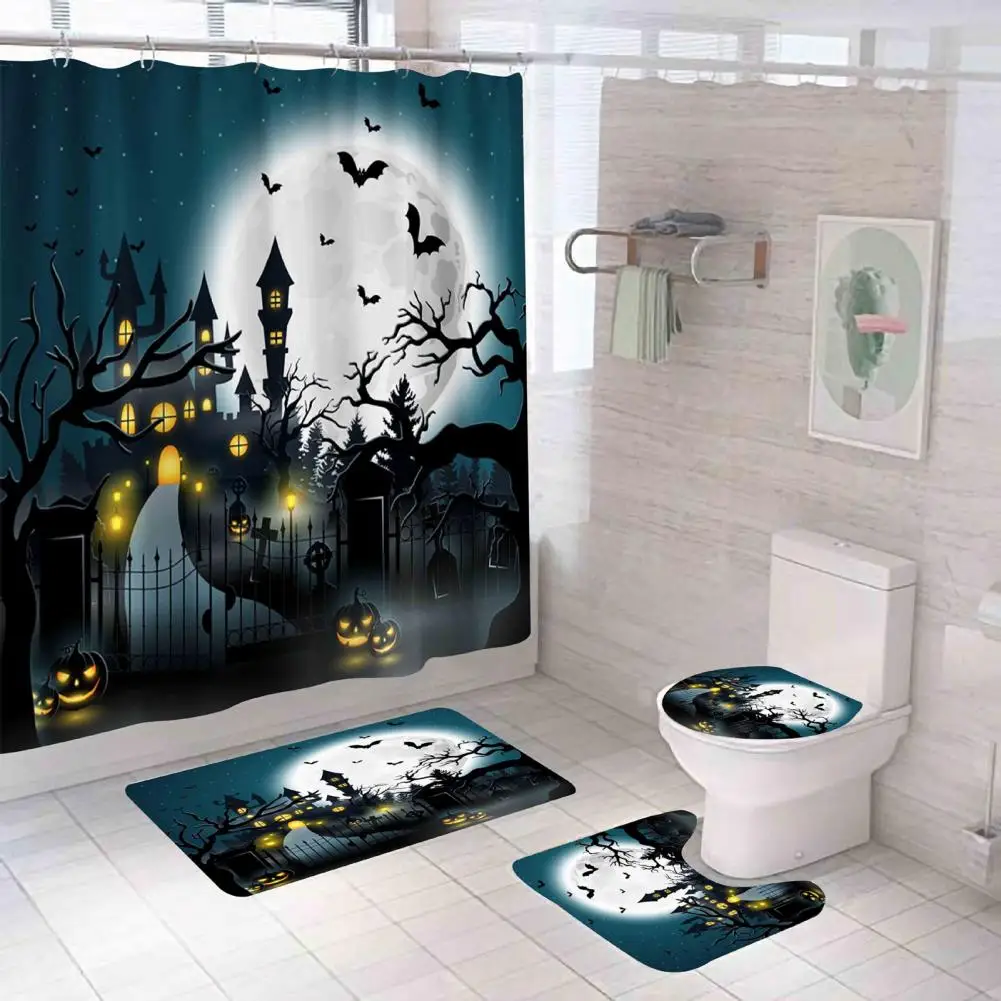 

Hotel Bathroom Accessories Bedroom Decoration Spooky Bathroom Decor Set Halloween Castle Pumpkin Shower Curtain with Non-slip