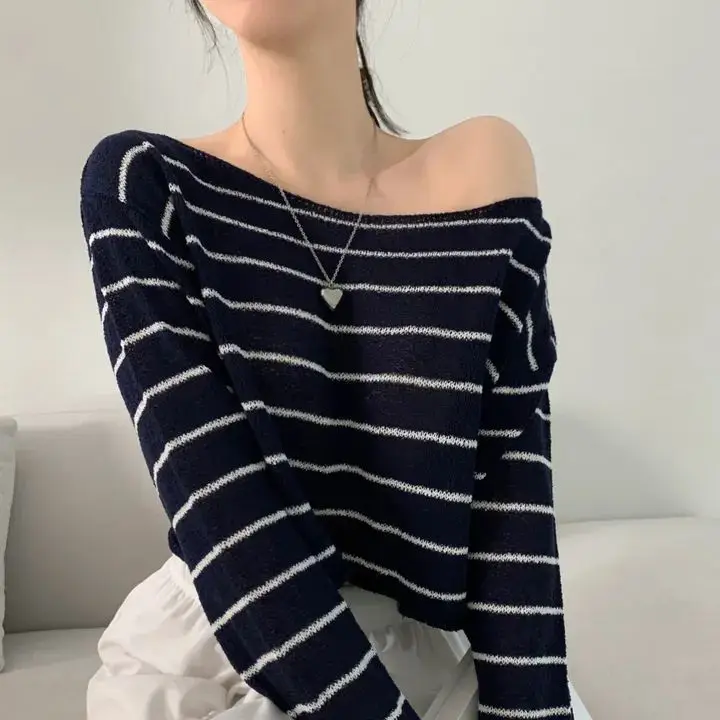

2026 Spring Casual Style Korean Chic Sun Protection Ice Silk Knitted Top One Shoulder Lazy Stripe Pattern Long Sleeve Short L...