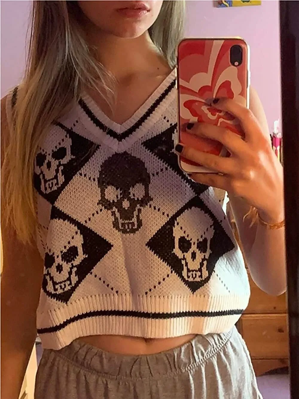 Spring Autumn Skeleton Head Knitted Sweater Vest Women's Street Style V-neck Outerwear Jacket No Sleeve Regular Fit