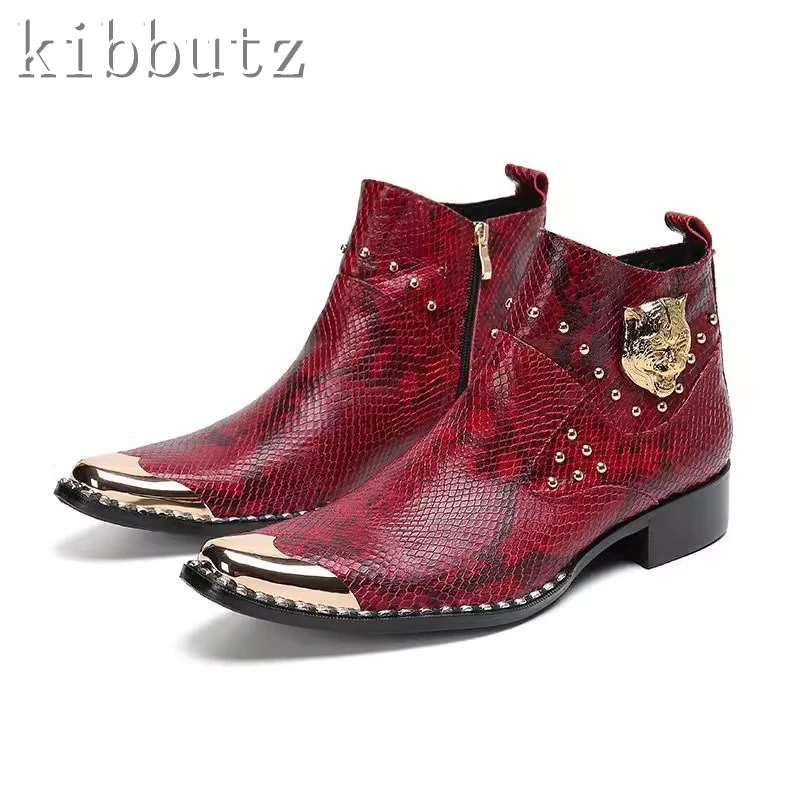 Luxury Genuine Leather Rivet Men's Ankle Boots British Square Toe Oxfords Brand Banquet Dress Business Formal Boots