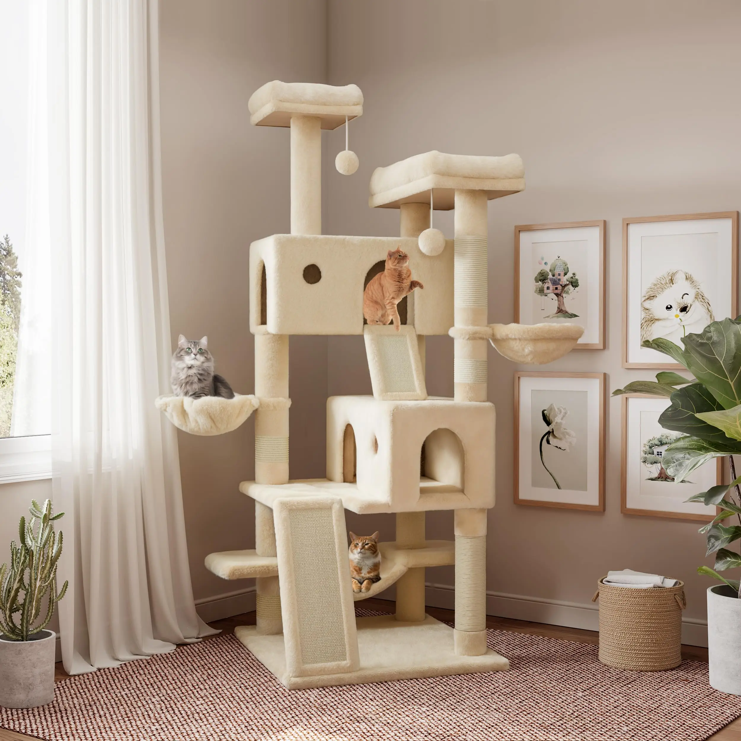 65in Larger Cat Tree Tower Condo for Indoor Kitties/Multi-Level Furniture Activity Center with Wide Base/Cozy Plush Cat