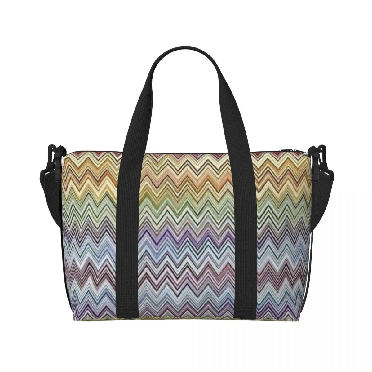 Custom Boho Chic Modern Zigzags Beach Tote Bag for Women Extra Large Gym Carry On Geometric Multicolor Travel Shopping Bags