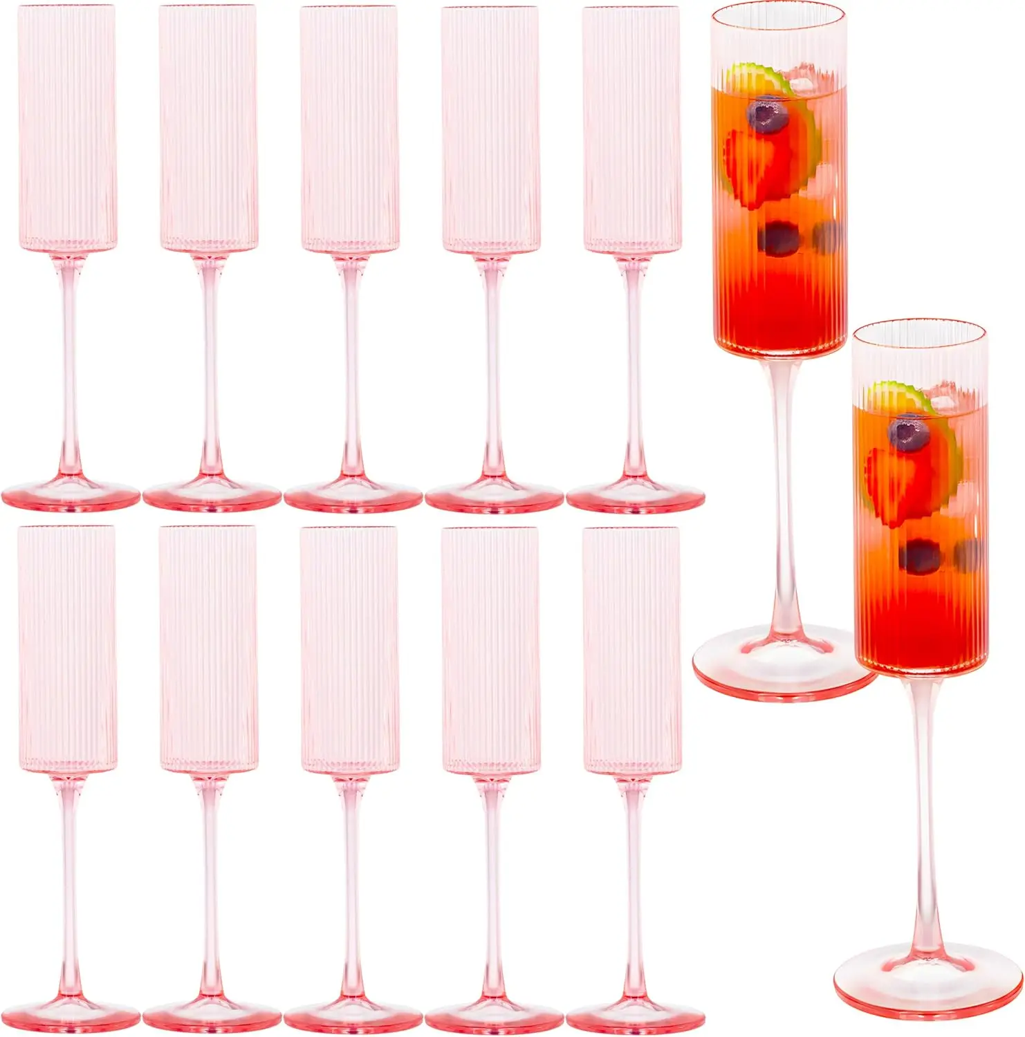 

12 Pcs Pink Plastic Champagne Flutes 6OZ Ribbed Toasting Glasses for Wedding Party