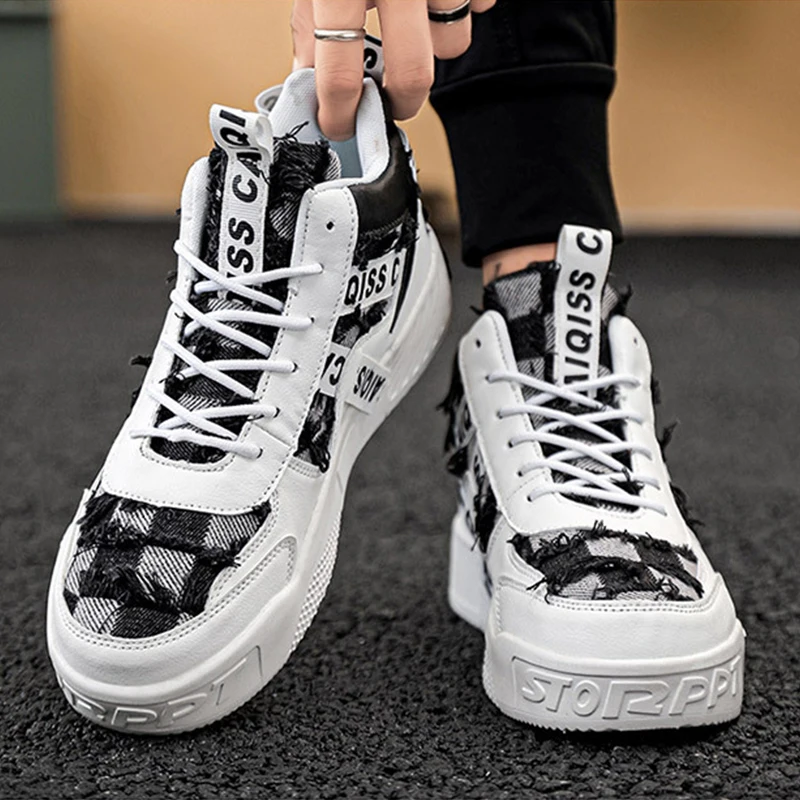 

2024 Winter High Top Mens Sports Sneakers Fashion Checkered Tassels Lace up Cowboy shoes Couple style plus size 36-45