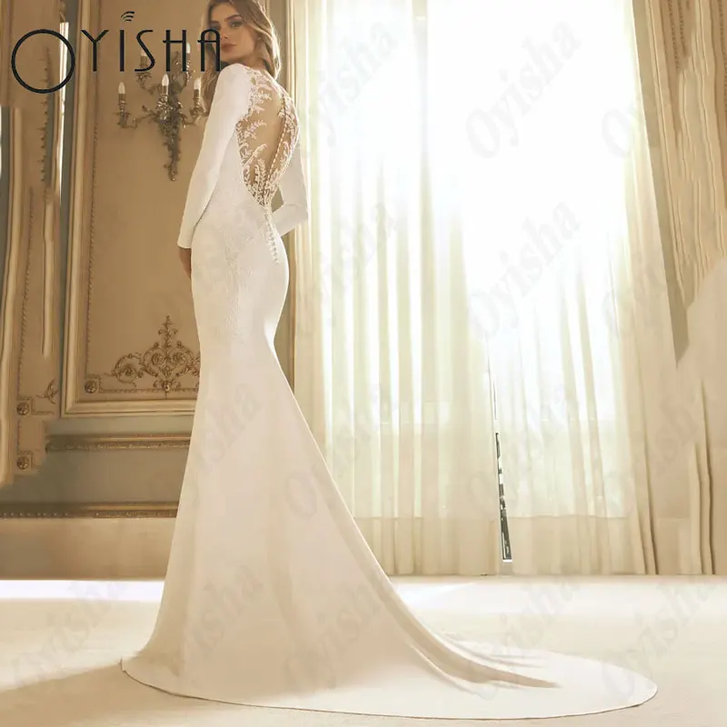 OYISHA O-Neck Mermaid Wedding Dresses Classic Full Sleeves Satin Appliques Bridal Gowns For Woman Lace White Vestido De Mariages