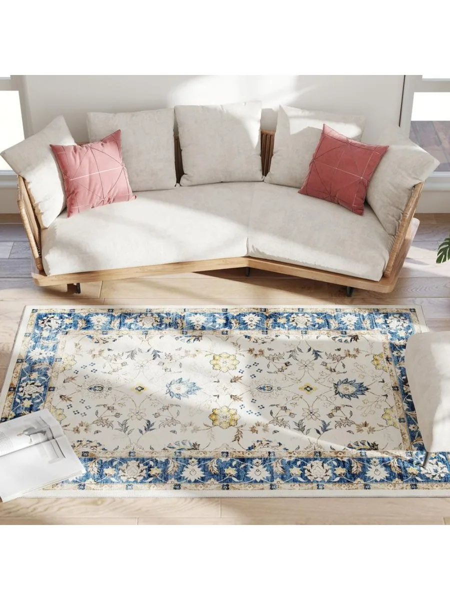 

Machine Washable Area Rug 4x6, Non-Slip Boho Floral Print Floor Carpet for Living Room, Bedroom, Dining Room, Blue