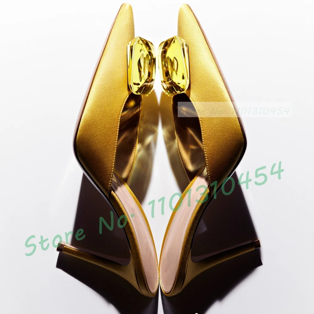 Gem Yellow Satin Mules Women Luxury Stiletto Heels Summer Elegant Green Shoes Ladies Holiday Casual New Hot Crystal Slippers