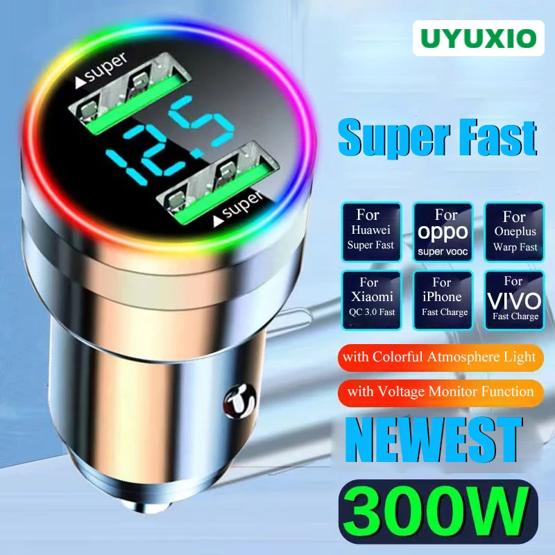 USB Car Charger Adapter 2 in 1 Super Fast Charge in Car with LED Voltage Monitor for iPhone 15 Pro Max 14 Samsung Oneplus Huawei