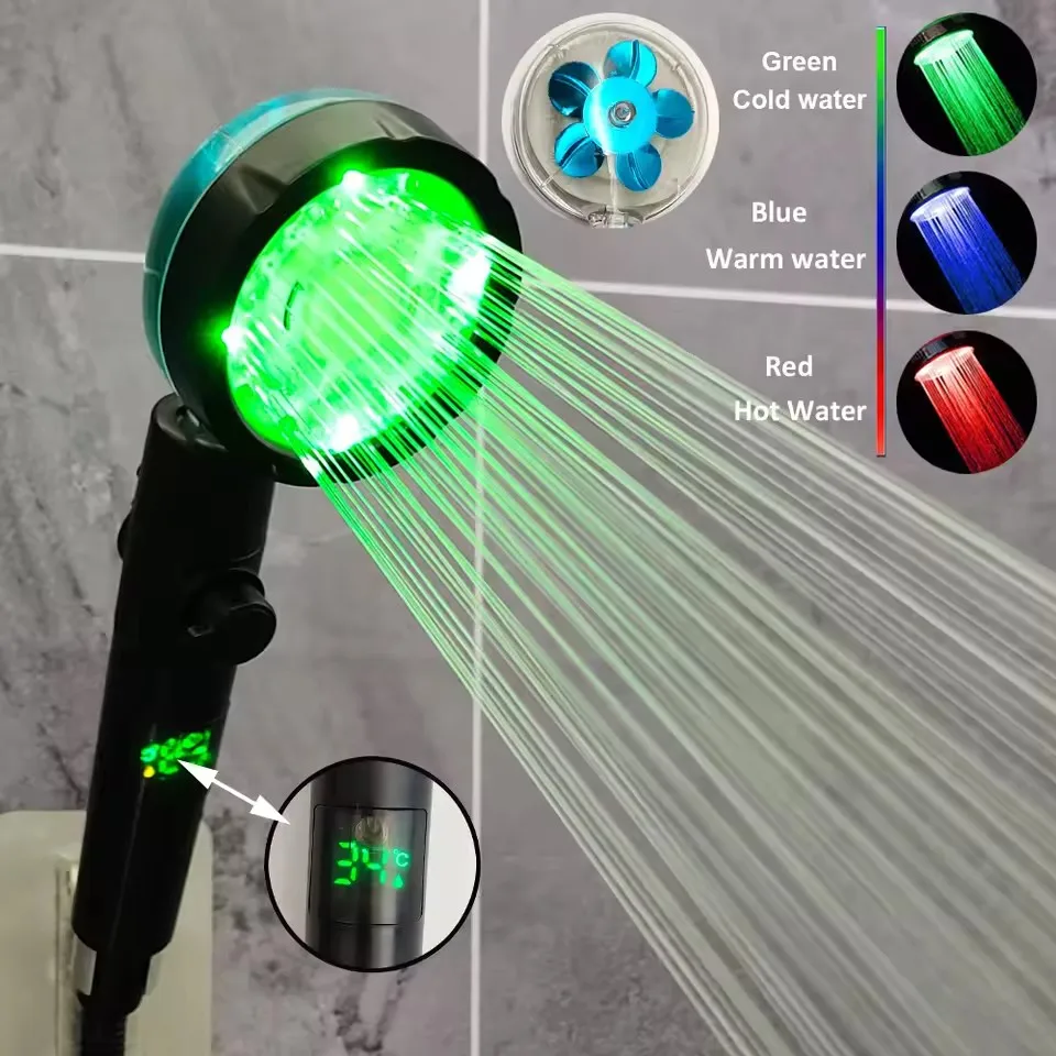 

Upgraded 3/7 Colors Changes High Pressure Shower Head Propeller Turbocharging Shower Led Digital Temperature Display Showerhead