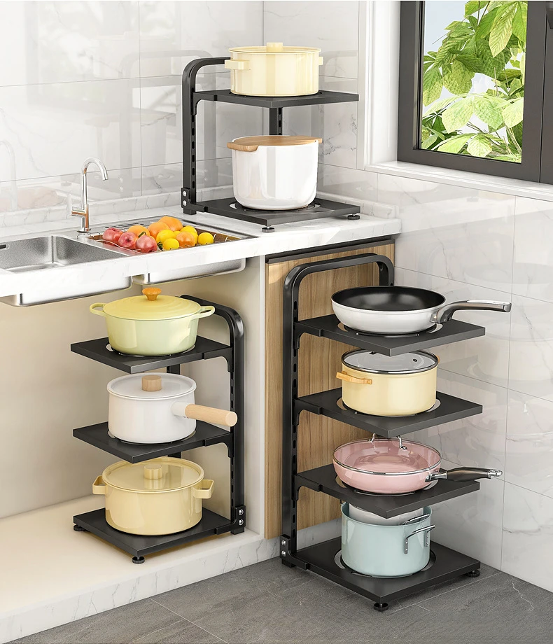 Pot Layer Kitchen 2/3/4 For Non-slip Pan Rack Organizer Multi-layer Cabinet Pot Holder Shelf Tiers Pot Organizer Adjustable And