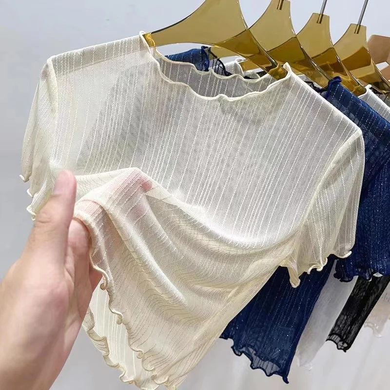 Black Lace Base Shirt Women Summer Mesh T-Shirt Sand Body Short Sleeve Short Style Gauze Dress Strap Thin Shark Upper Apparel