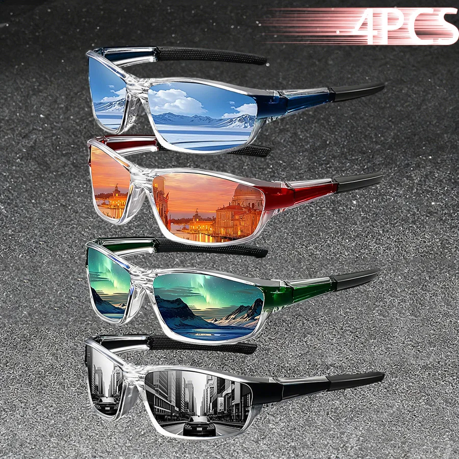 4 Stück Modische Vintage-Sportbrillen mit Klarem Rahmen für Autofahren, Angeln, Radfahren, Laufen und Bergsteigen - Unisex Sonnenbrille