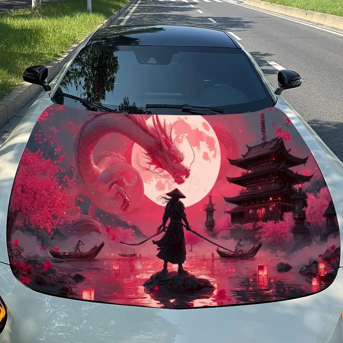 

Samurai in Red Cherry Dragon Realm Car Vinyl Wrap, PVC Material Waterproof Car Hood Sticker, Self-Adhesive Scratch-Resistant Sti