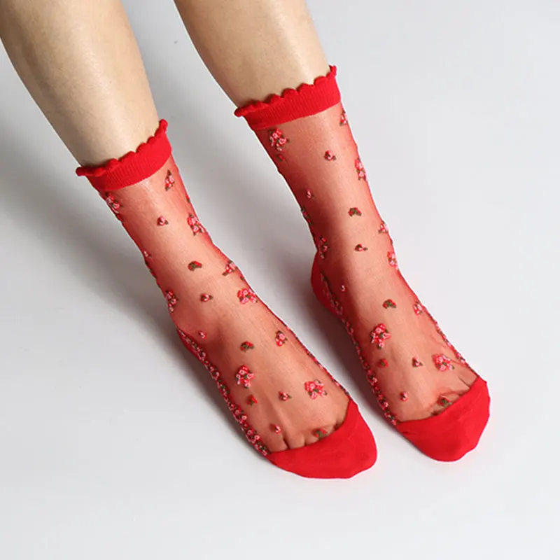 Cute Flower Pattern Summer Women Socks Transparent Lace Soft Short Socks For Ladies New Fashion Breathable Mid-tube Socks