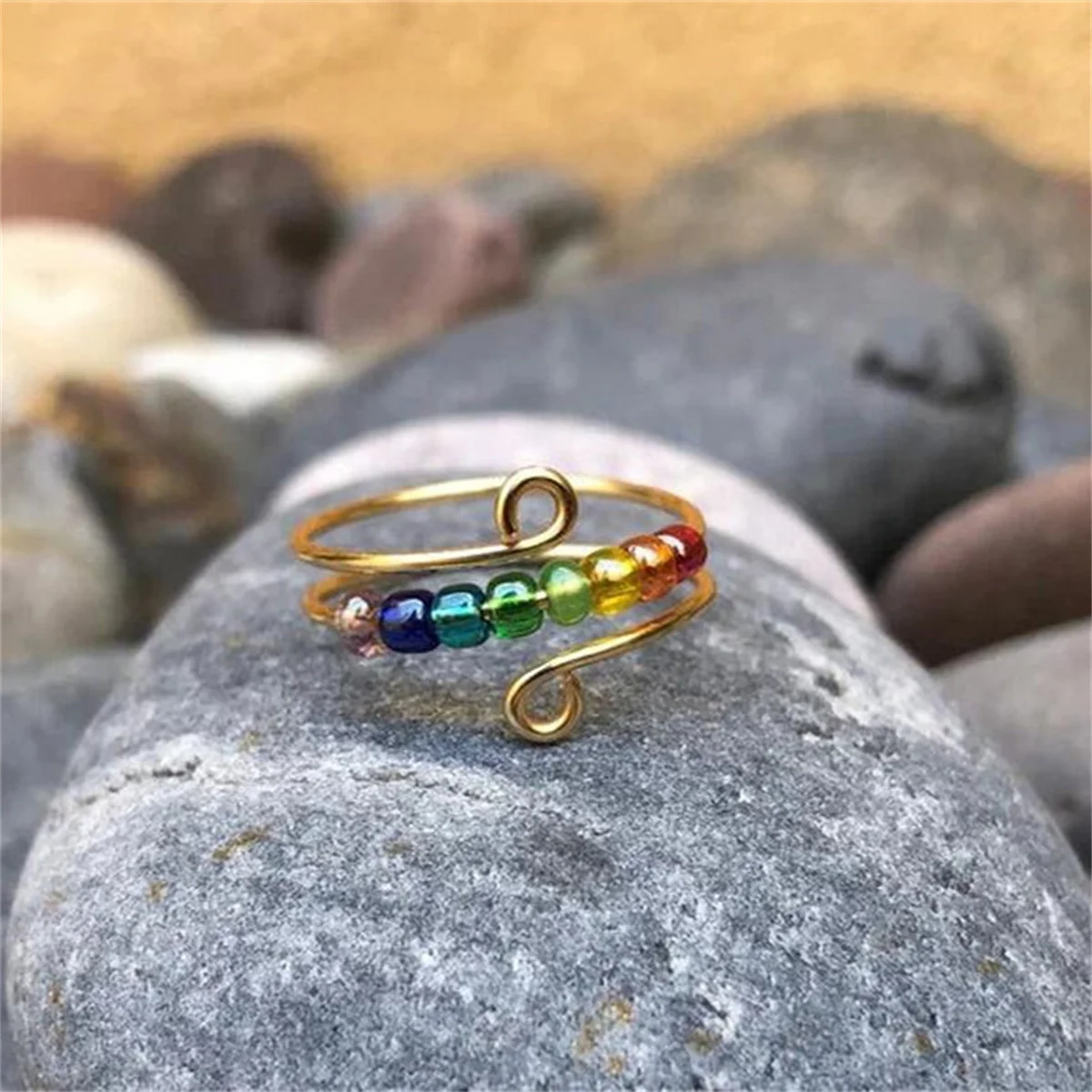 Bohemian Rainbow Bead Anxiety Rings For Women Girl Rotate Freely Anti Stress Fidget Spinner Ring Fashion Stacking Finger Jewelry