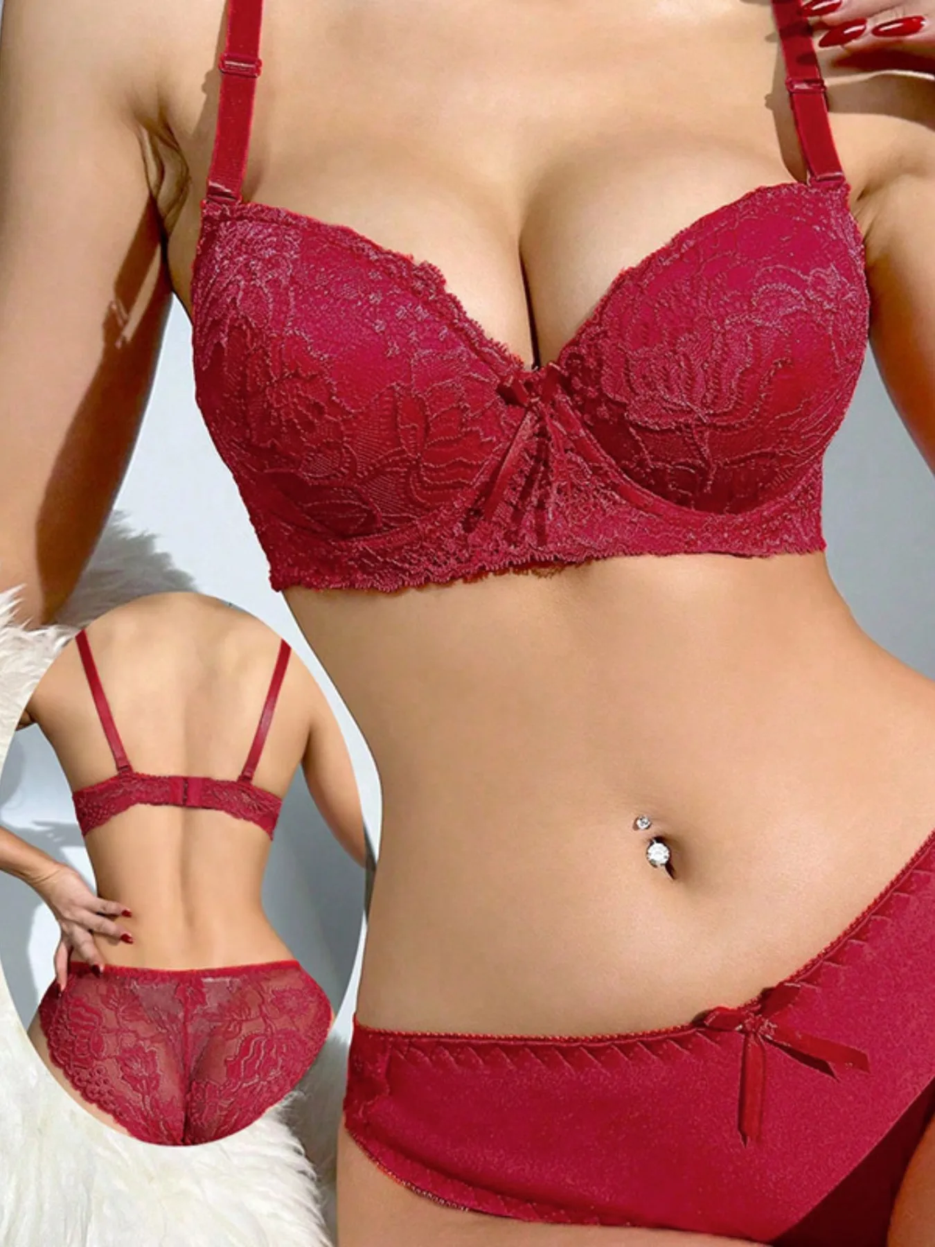 

1 комплект красного кружевного женского нижнего белья с косточками, соблазнительный Собранный бюстгальтер, комплект трусов