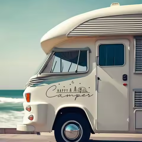 Happy Camper Sticker Large Caravan Motorhome Camping Adventure Stickers RV Truck Decal Horsebox Car Van Decals