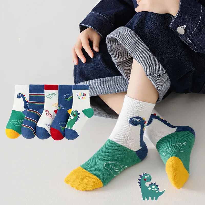 5Pairs Cartoon Dinosaur Kids Mid Tube Socks Boys Odor Resistant Sports Socks 0-14Year Children Cotton Sock Fashion Baby Footwear