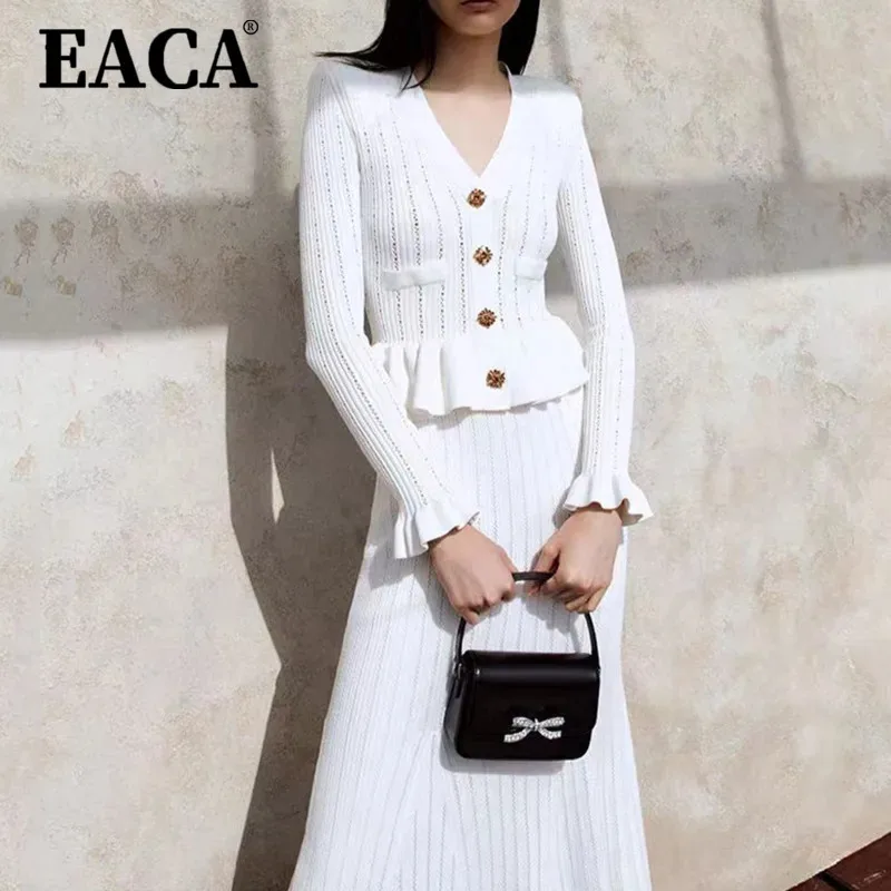 

EACA Temperament Solid Color 2025 Autumn New Style Waist Flared Sleeve Top+fish Tail Wrapped Hip Half Skirt Two-piece Set