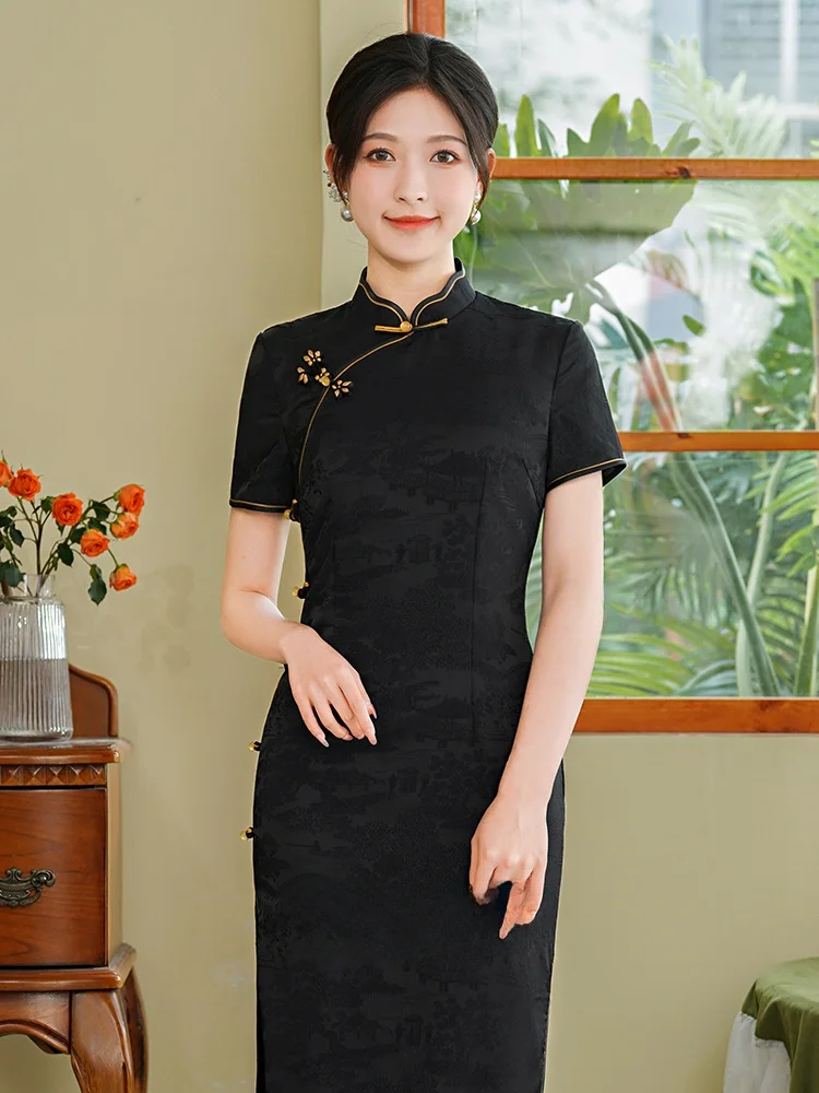 

Bla New Chinese Sle Young plus Size Belly Covering High End Daily Wear ort Sve Low Slit Midi Qipao