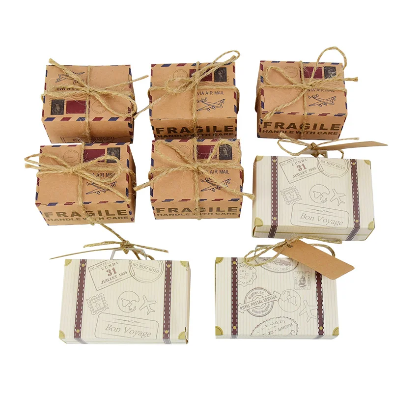10p Mini Suitcase Candy Boxes with Rope Travel Theme Stamp Decor Kraft Paper Drawable Box Wedding Birthday Gift Packaging Supply